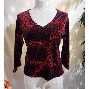 Vtg 90s Rave City Velvet Leopard V-Neck 3/4 Asymmetrical Sleeve Top Size XL USA